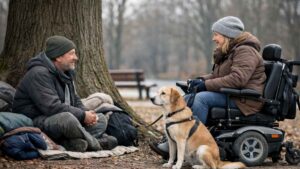 Una mujer en silla de ruedas y un hombre sin casa que vive bajo un árbol: la amistad que nació por un perro y que dará cobijo a Peter