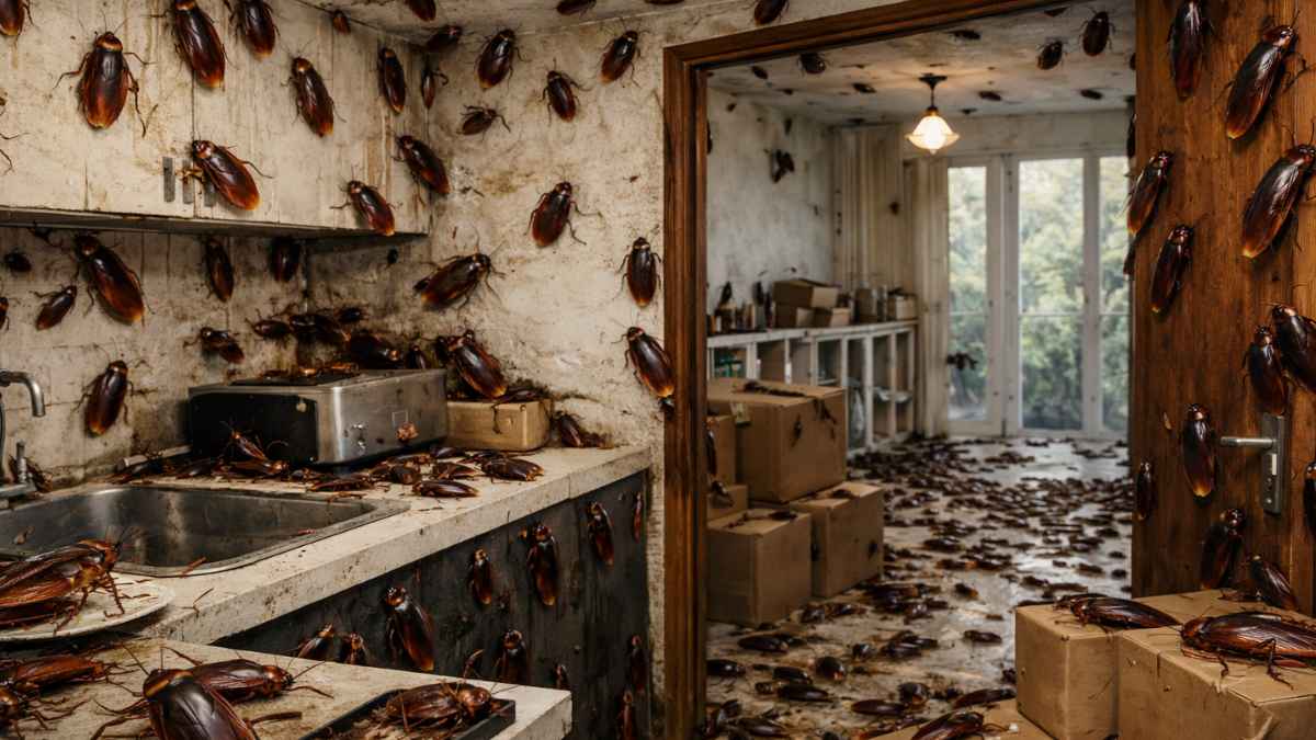 Cocina de una vivienda con plaga de cucarachas y cajas de mudanza al fondo