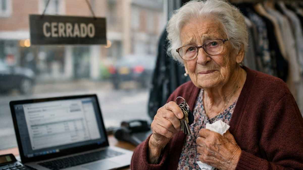 Mujer mayor en una tienda de ropa con un cartel de “CERRADO” y un portátil con facturas, reflejando el cierre del negocio por la digitalización