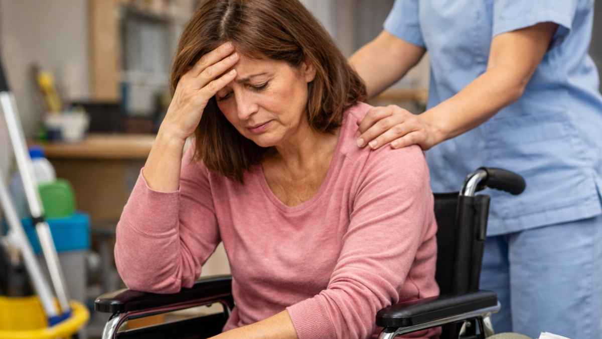 Mujer en silla de ruedas con apoyo de cuidadora junto a un documento de incapacidad permanente denegada por la Seguridad Social