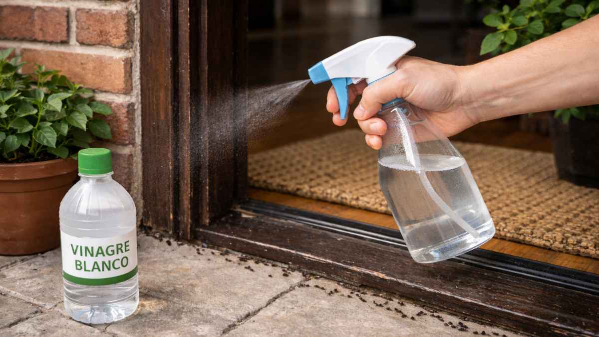 Persona rociando vinagre blanco en el marco de la puerta para repeler insectos