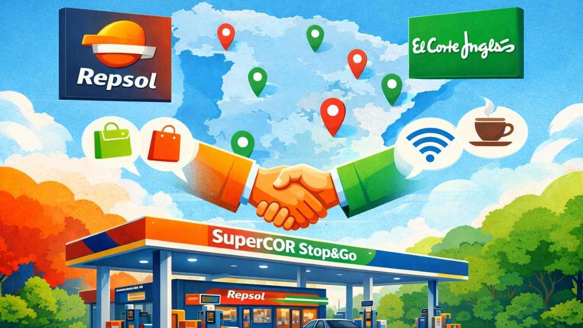 Ilustración de la alianza entre Repsol y El Corte Inglés con una tienda Supercor Stop&Go en una estación de servicio y un mapa de España al fondo