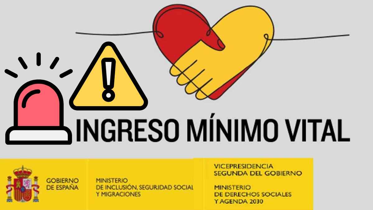 Imagen del Ingreso Mínimo Vital (IMV) con símbolos de alerta y una mano levantando un corazón. Ilustración destacando la importancia de realizar los trámites necesarios para conservar la ayuda.