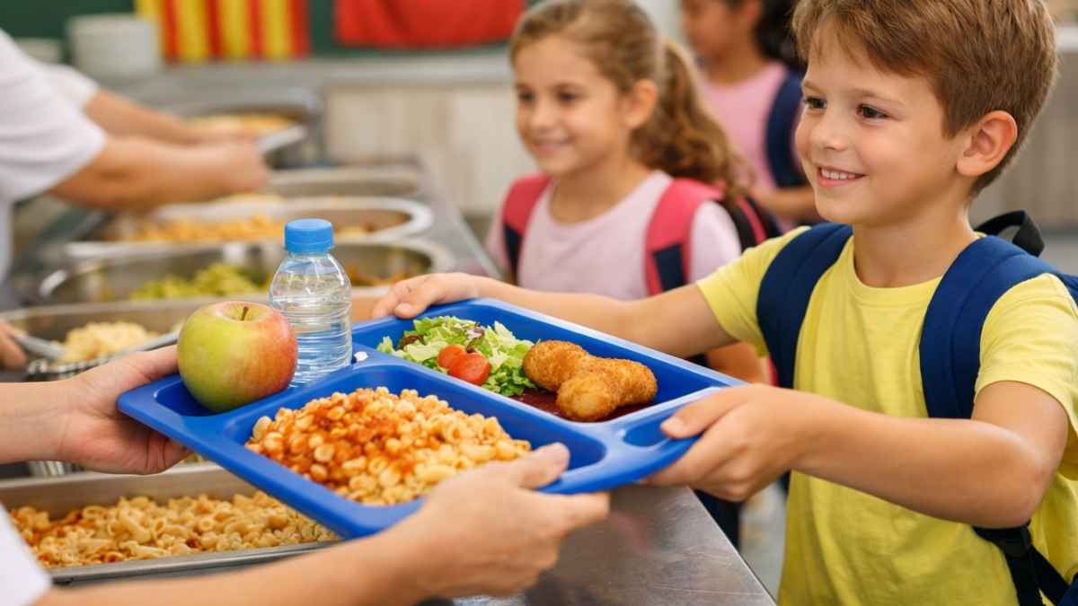 Niño recoge su bandeja en el comedor escolar en Barcelona durante el curso 2025-2026