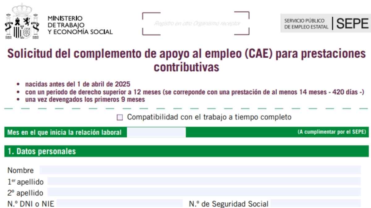 Solicitud del complemento de apoyo al empleo CAE del SEPE para compatibilizar prestación contributiva y trabajo