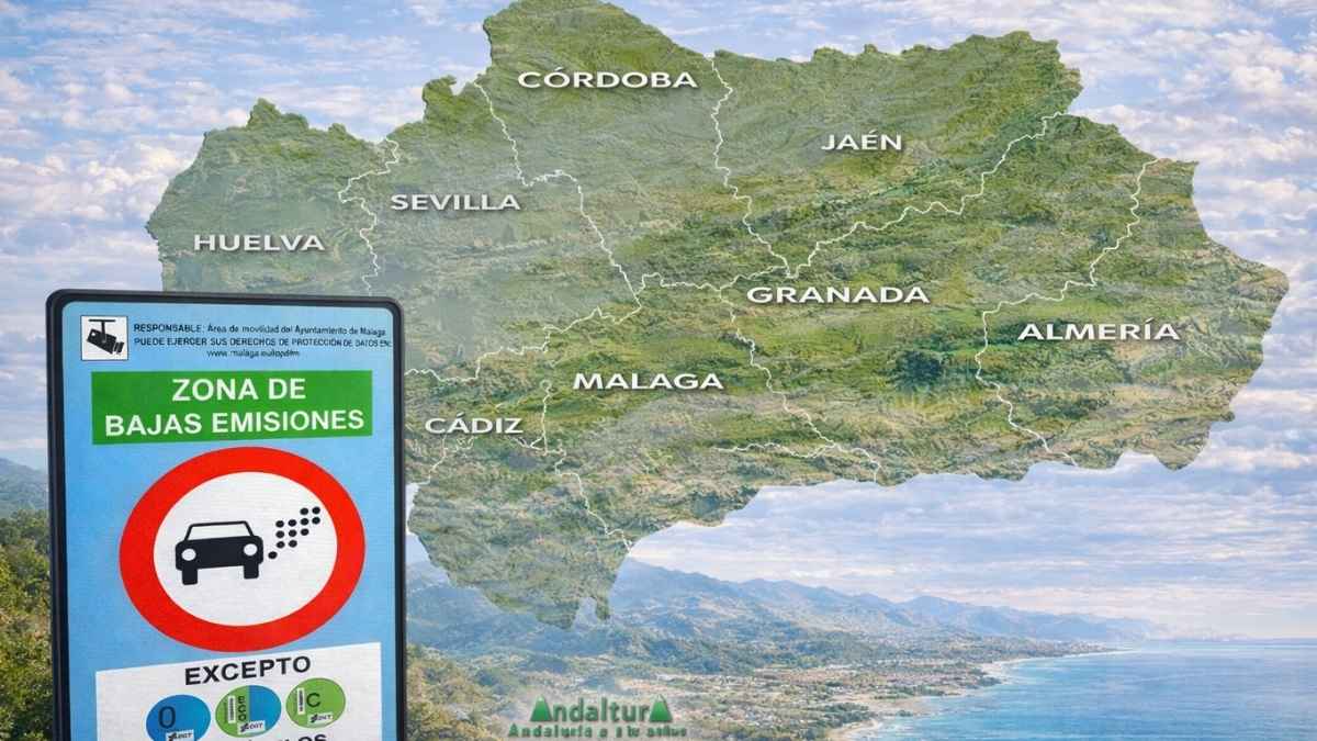 Señal de Zona de Bajas Emisiones (ZBE) con mapa completo de Andalucía y provincias señaladas