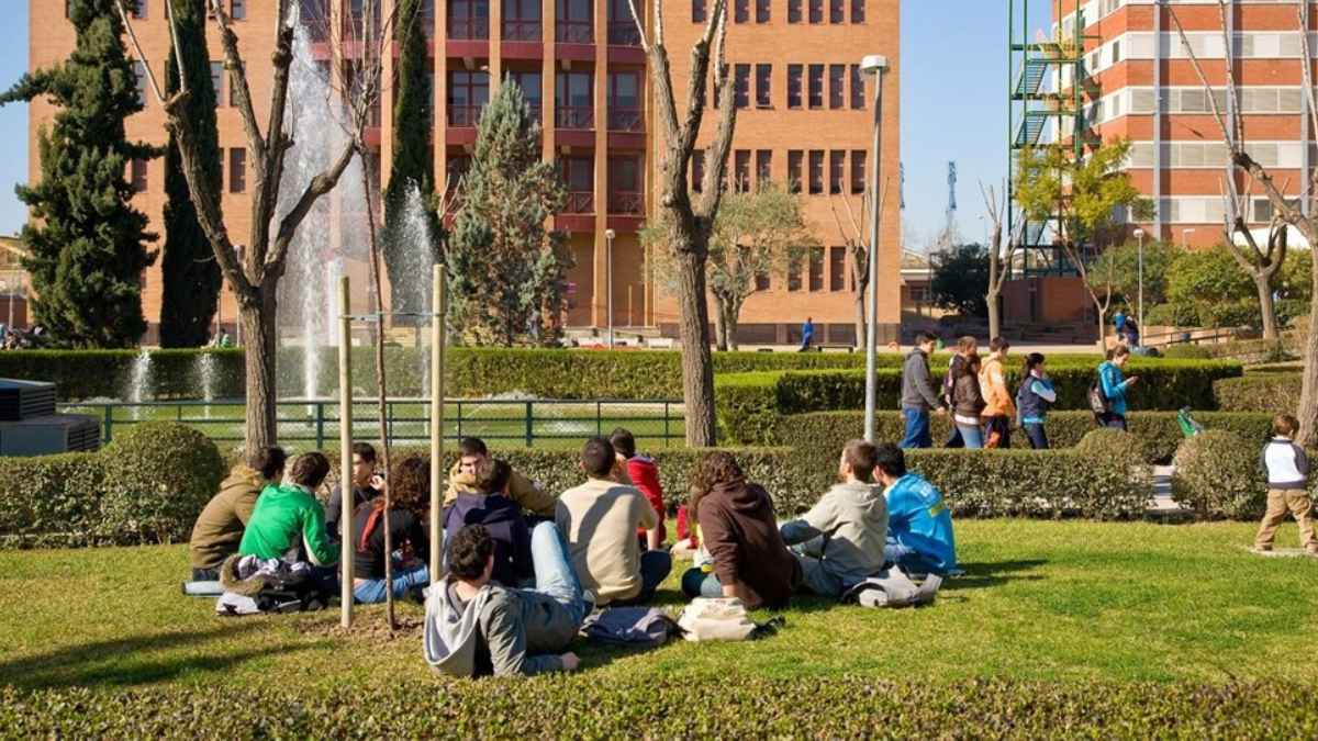 Estudiantes en un campus universitario de Andalucía, sentados en el césped, ante la exigencia del B2 para graduarse
