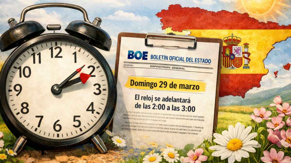 Ilustración del cambio de hora en España con reloj y documento del BOE que indica que el domingo 29 de marzo se adelanta de las 2:00 a las 3:00