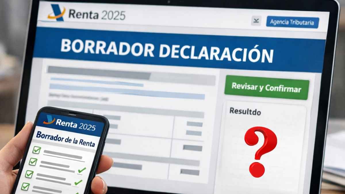 Persona revisando el borrador de la Renta 2025 en Renta Web desde el móvil y el portátil antes de confirmarlo en 2026