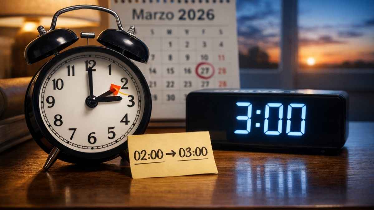 Cambio de hora en España marzo de 2026, reloj analógico y digital mostrando el salto de 02:00 a 03:00
