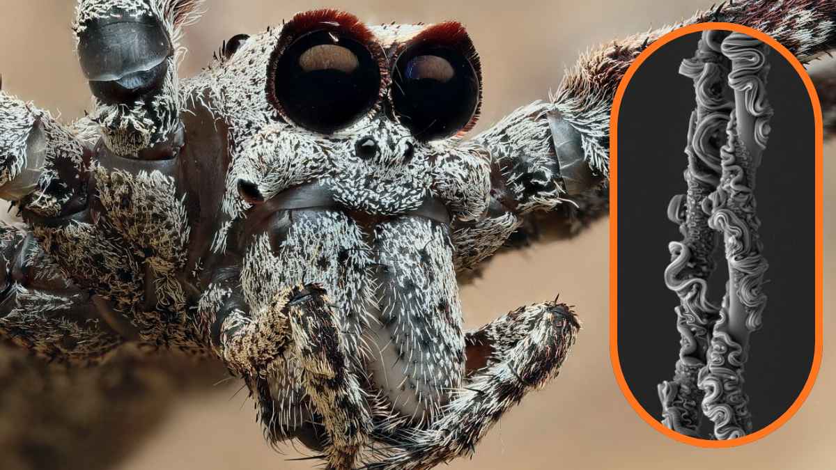 Primer plano de la araña australiana Asianopis subrufa y, a la derecha, detalle microscópico de su seda con bucles que aumenta la resistencia al estirarse.