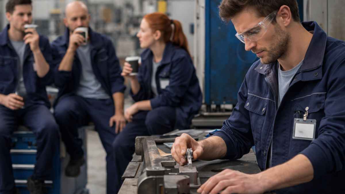 Trabajador del metal sigue trabajando mientras sus compañeros descansan en la pausa laboral de 15 minutos