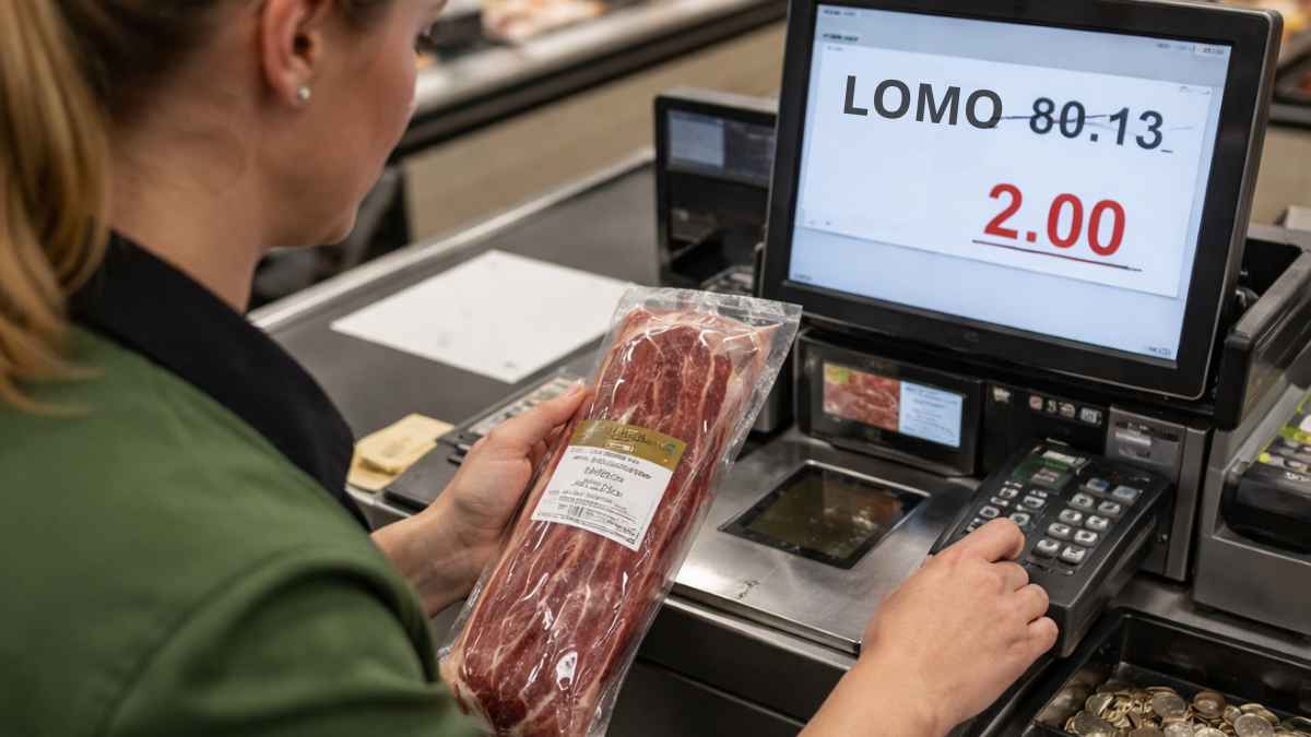 Trabajadora de supermercado manipulando en caja el precio de una caña de lomo de 80,13 euros a solo 2 euros