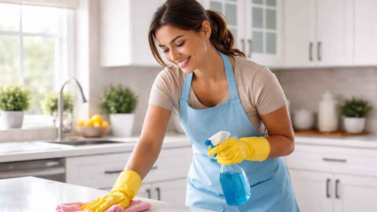 Empleada de hogar limpiando la encimera de una cocina con guantes y spray de limpieza