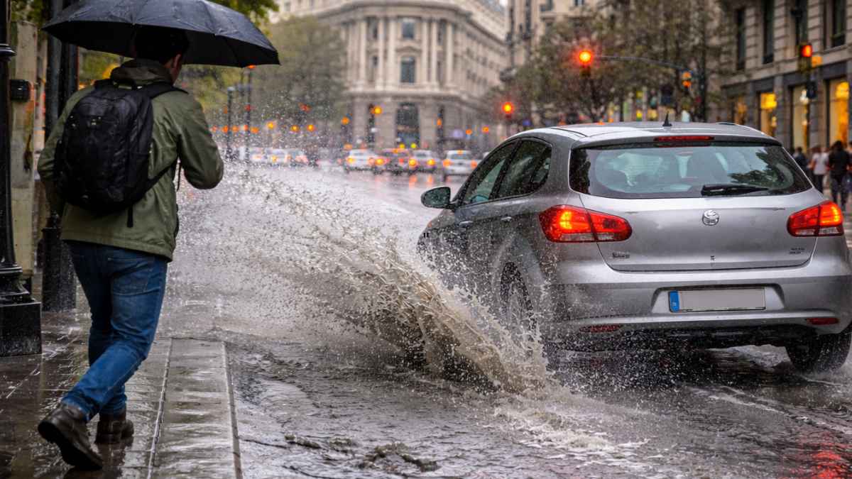 Coche salpicando agua de un charco a un peatón con paraguas en una calle de Madrid en día de lluvia
