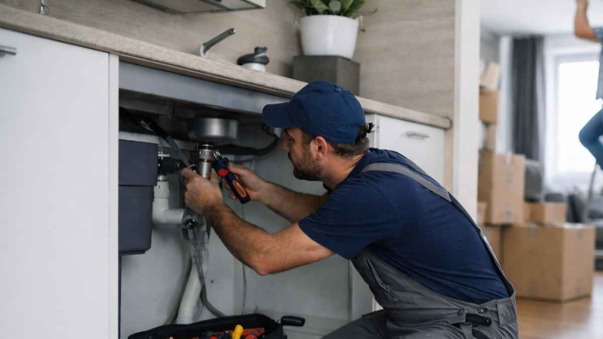 Operarios realizando reparaciones de fontanería y electricidad en un piso de alquiler