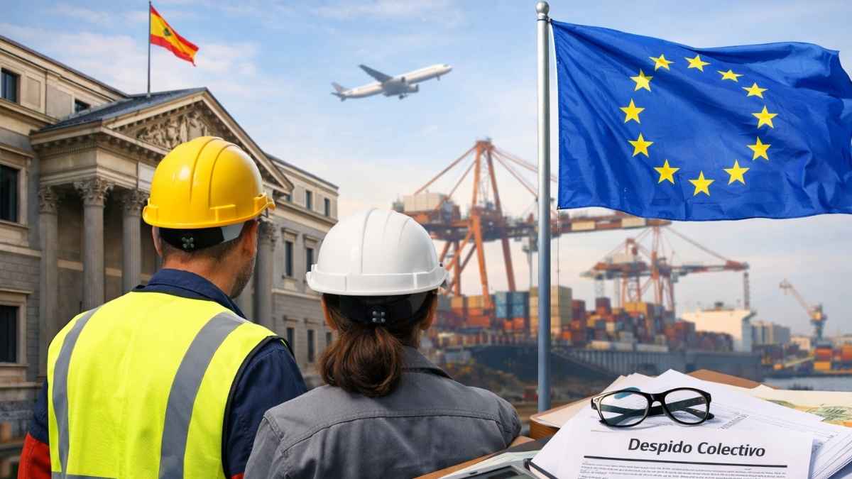 Trabajadores frente al Congreso y la bandera de la UE junto a un documento de despido colectivo por deslocalización