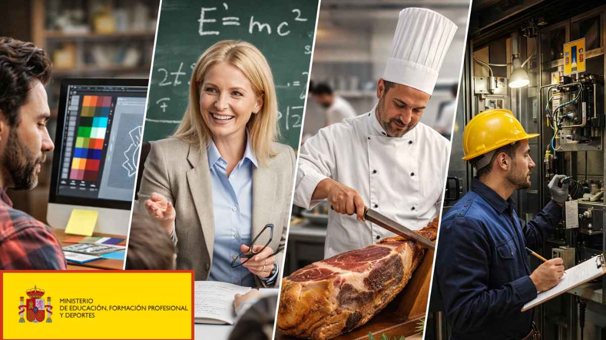 Montaje con artes gráficas, docencia, hostelería y mantenimiento para ilustrar los nuevos certificados profesionales aprobados por el Gobierno