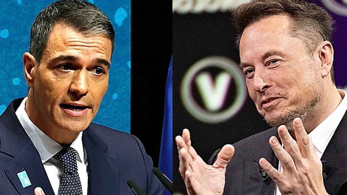 Elon Musk y Pedro Sánchez gesticulan durante sus intervenciones públicas en plena polémica por las críticas al Gobierno español