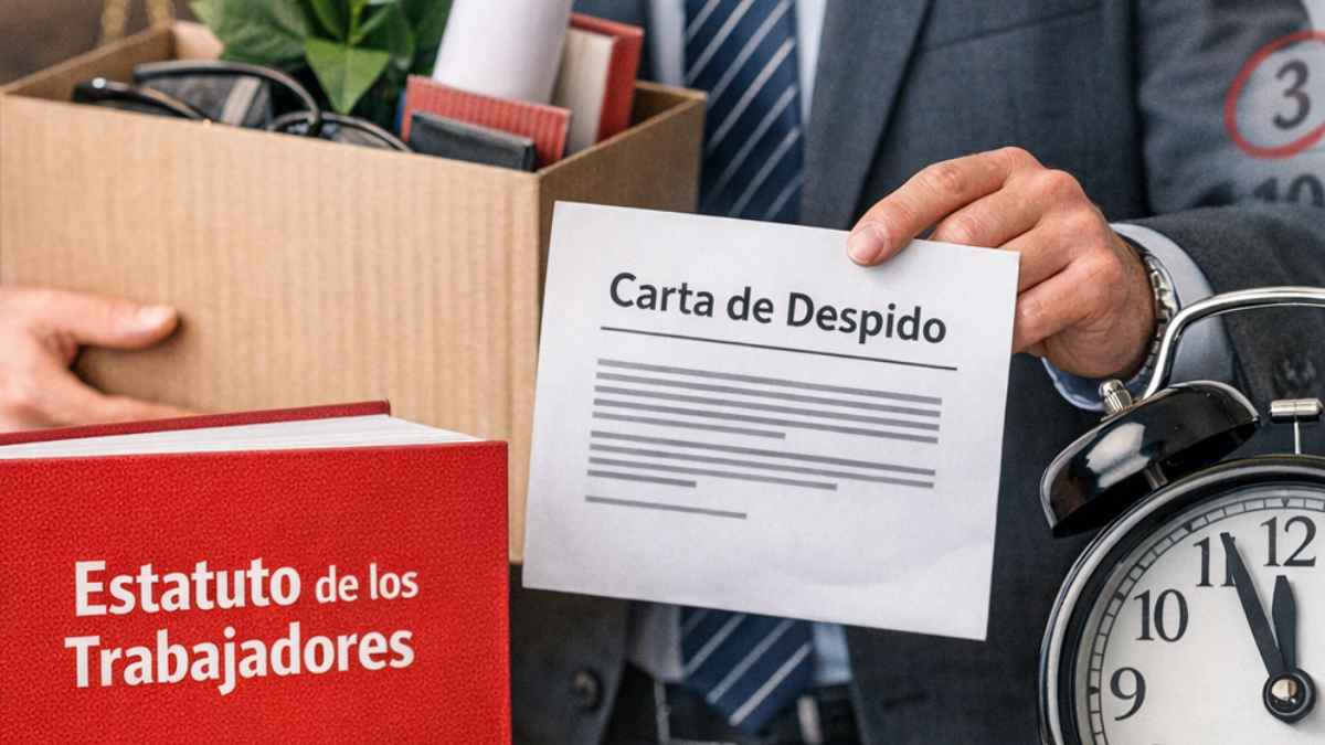 Hombre con carta de despido junto al Estatuto de los Trabajadores y un reloj que simboliza los cinco días para reaccionar