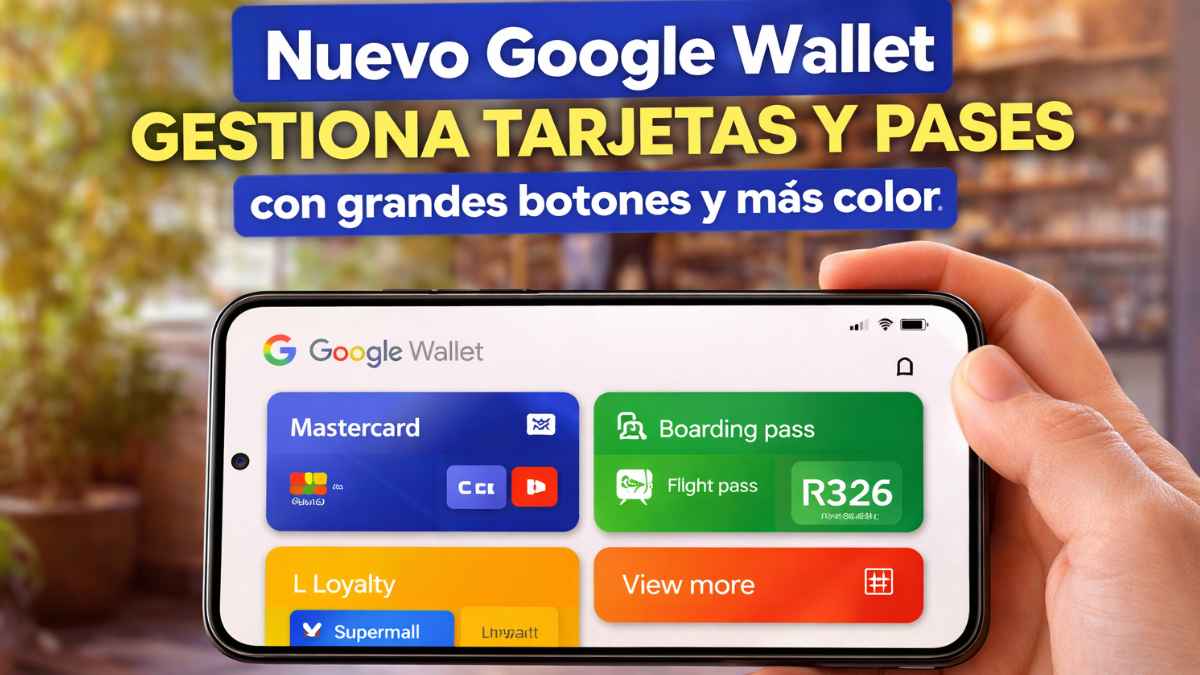 Mano sosteniendo un móvil con la nueva interfaz de Google Wallet, que muestra tarjetas y pases en grandes botones de colores y el texto “Nuevo Google Wallet gestiona tarjetas y pases con grandes botones y más color”