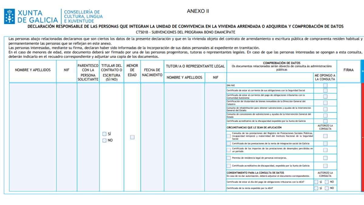 Formulario Anexo II del Bono Emancípate de la Xunta de Galicia para declaración responsable y comprobación de datos