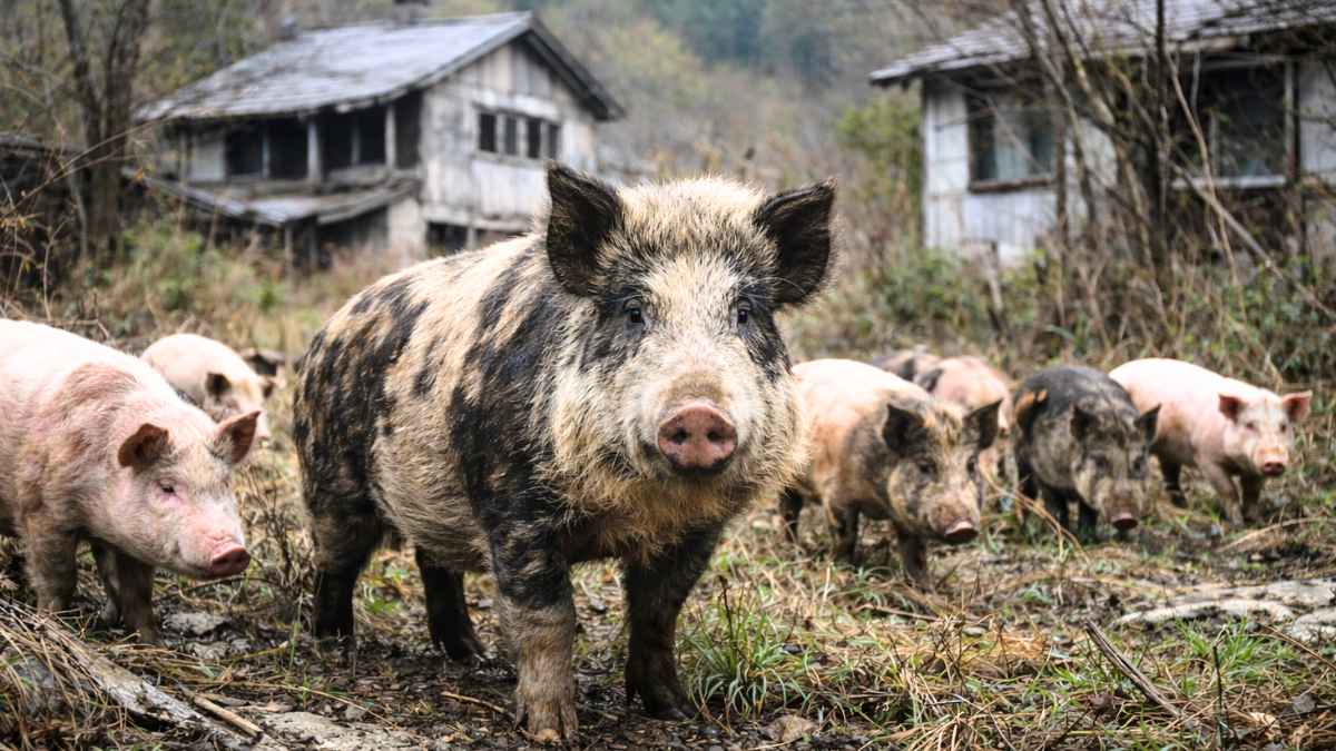Híbridos de cerdo y jabalí caminan por una aldea abandonada en la zona de exclusión nuclear de Fukushima entre casas en ruinas