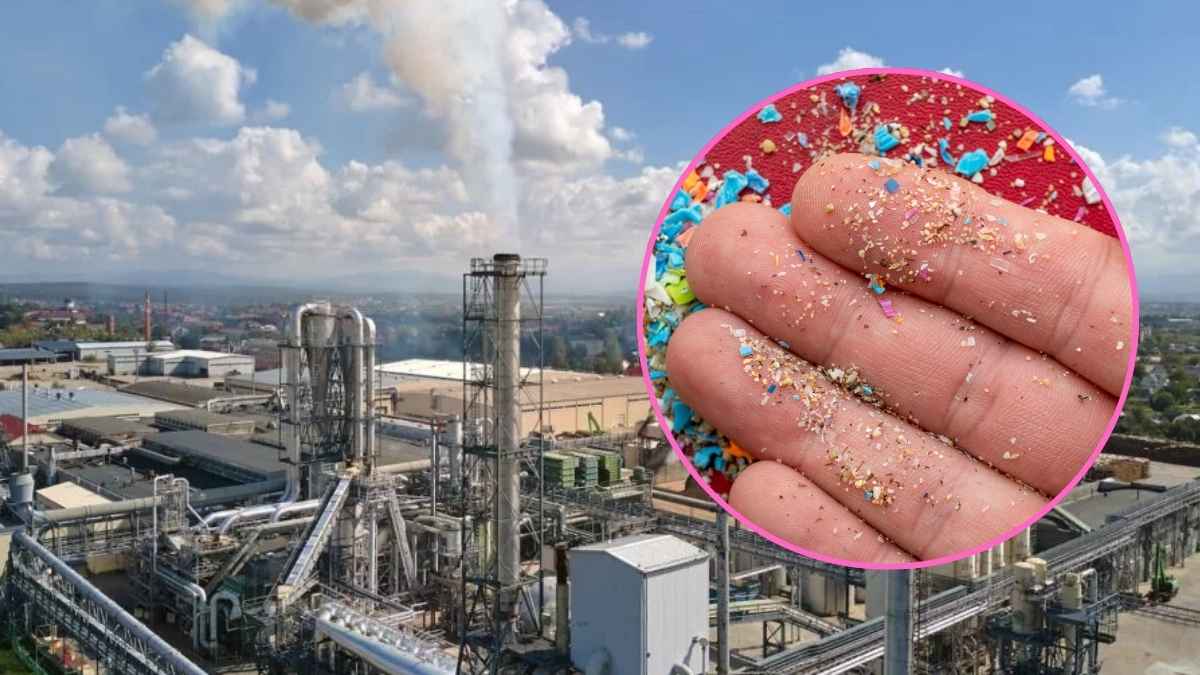 Planta industrial con chimeneas y mano con microplásticos, contaminación por plástico en el aire y el entorno