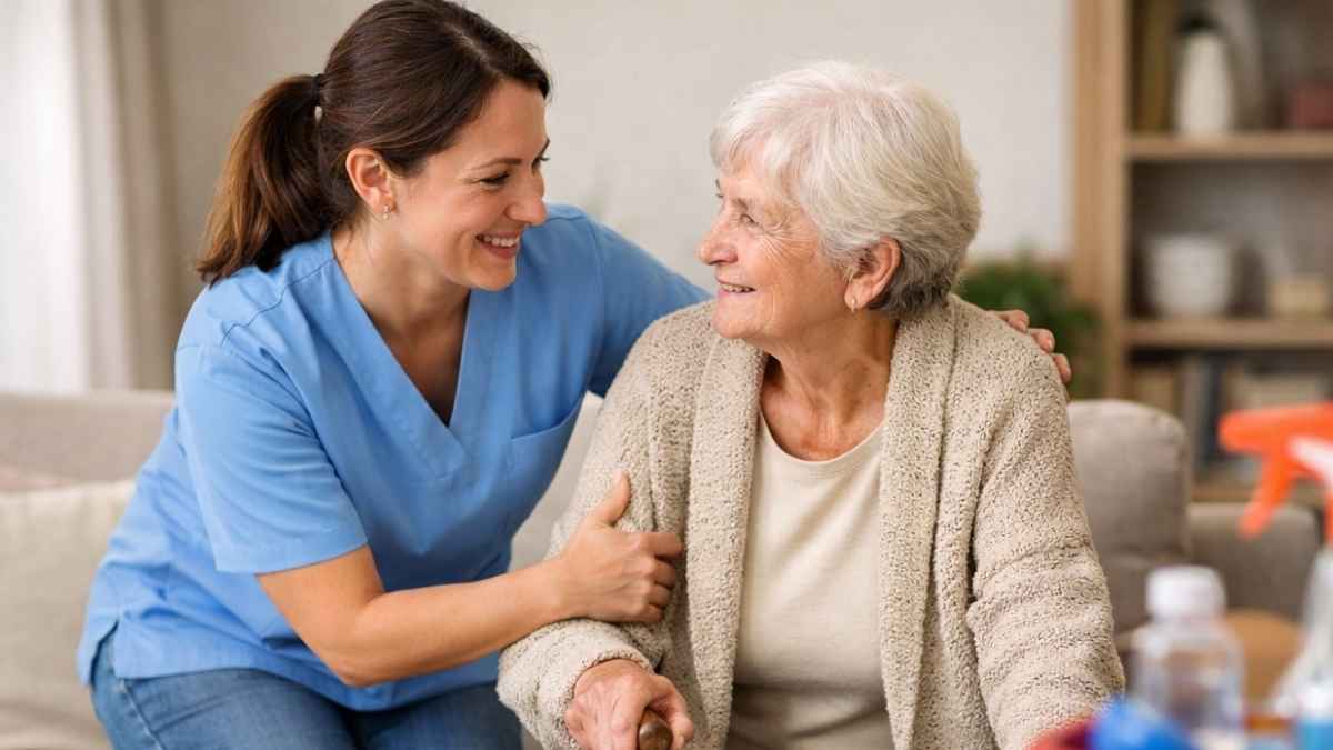 Cuidadora a domicilio ayuda a una mujer mayor a levantarse del sofá en su casa, con utensilios de limpieza en primer plano