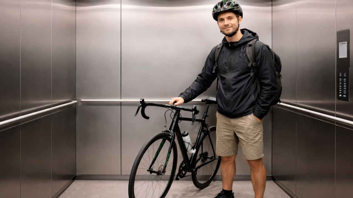 Vecino con una bicicleta dentro del ascensor de una comunidad de propietarios
