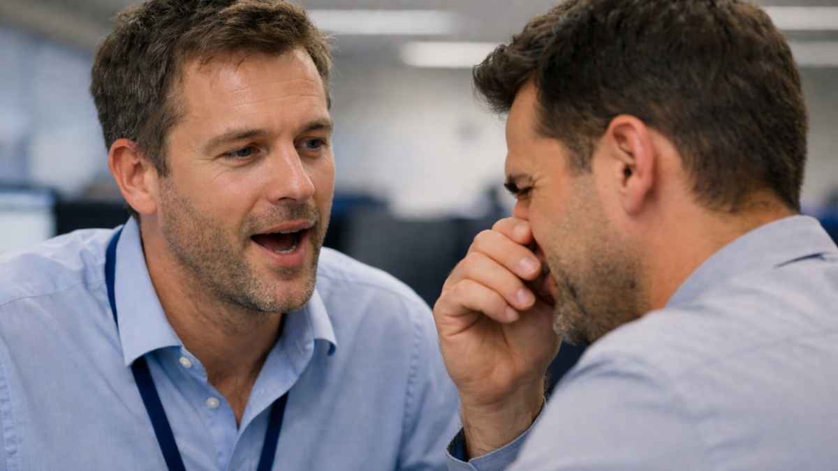 Dos compañeros en una oficina; uno habla y el otro se tapa la nariz por el mal aliento