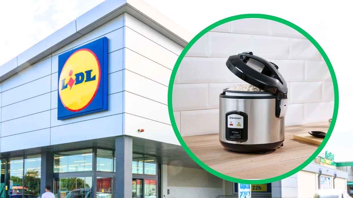 Foto de un supermercado Lidl y, en un círculo, el cocedor de arroz Silvercrest sobre una encimera.