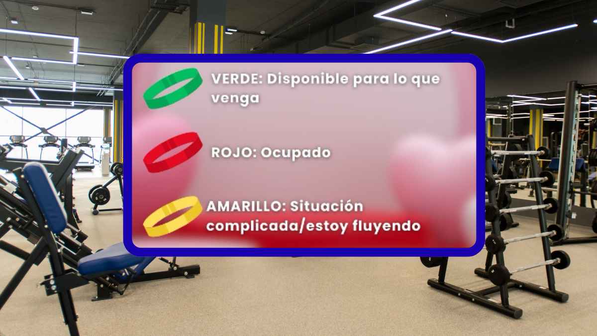 Cartel en un gimnasio con pulseras verde, roja y amarilla para indicar el estado sentimental al ligar mientras entrenas