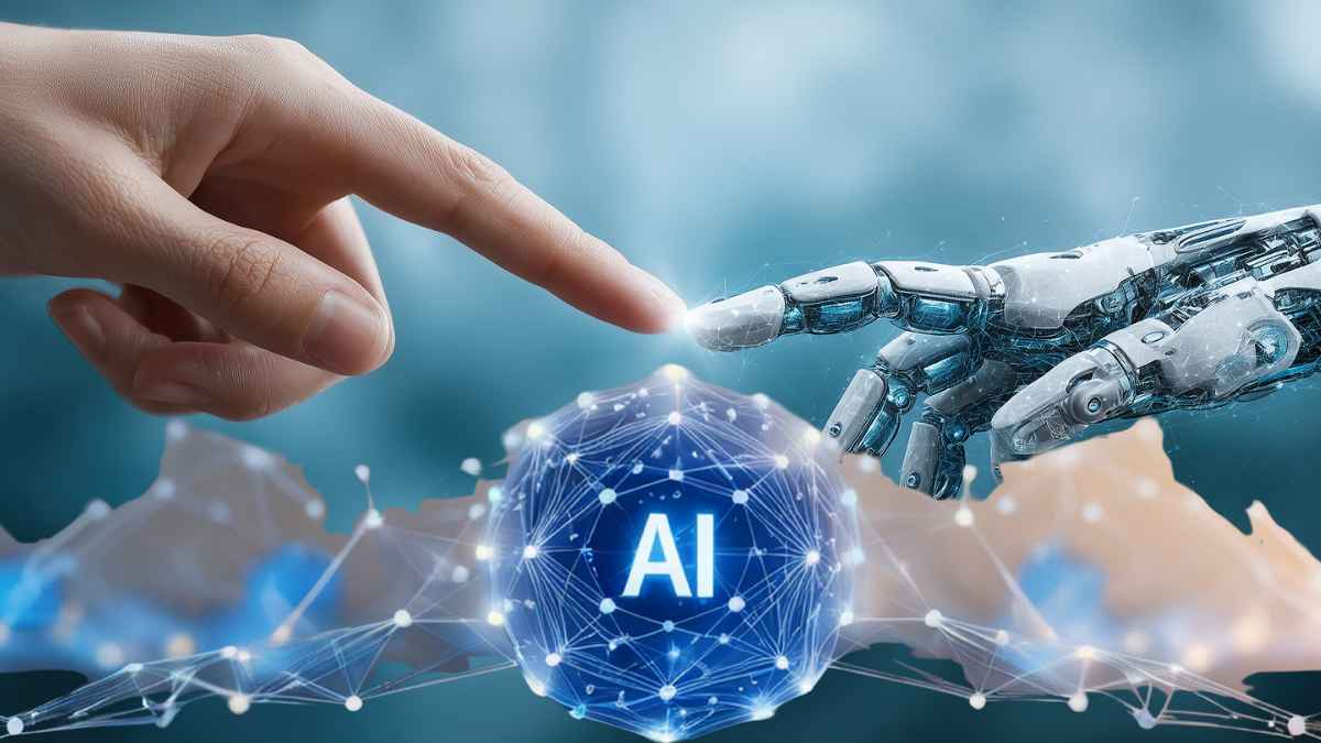 Mano humana y mano robótica casi tocándose sobre un icono de IA, símbolo del impacto de la inteligencia artificial en el trabajo humano