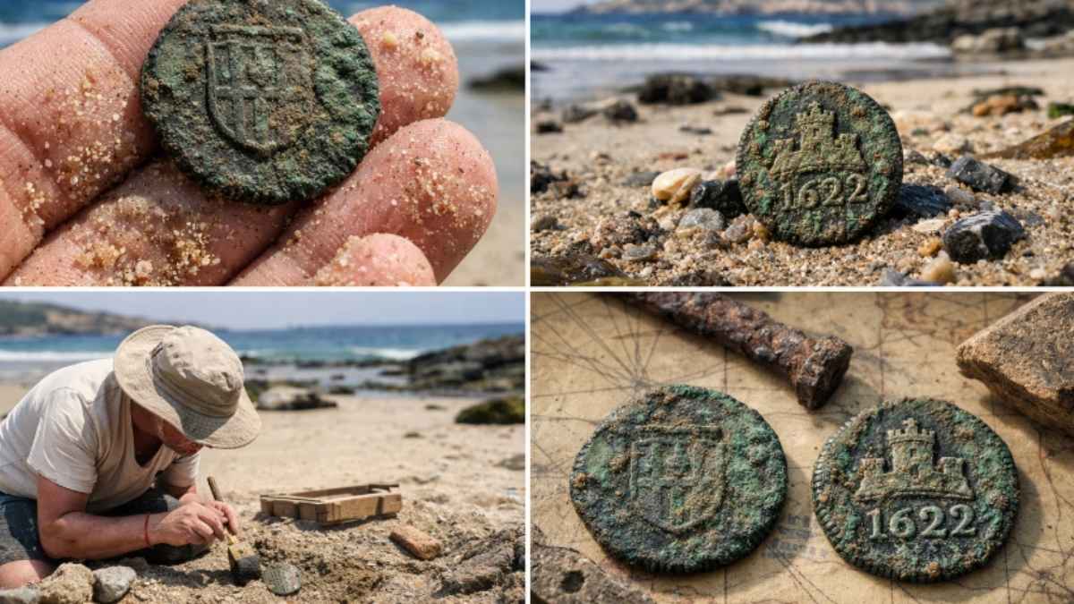 Maravedí de cobre de 1622 del reinado de Felipe IV hallado en la playa de As Dornas, isla de Ons, con corrosión marina