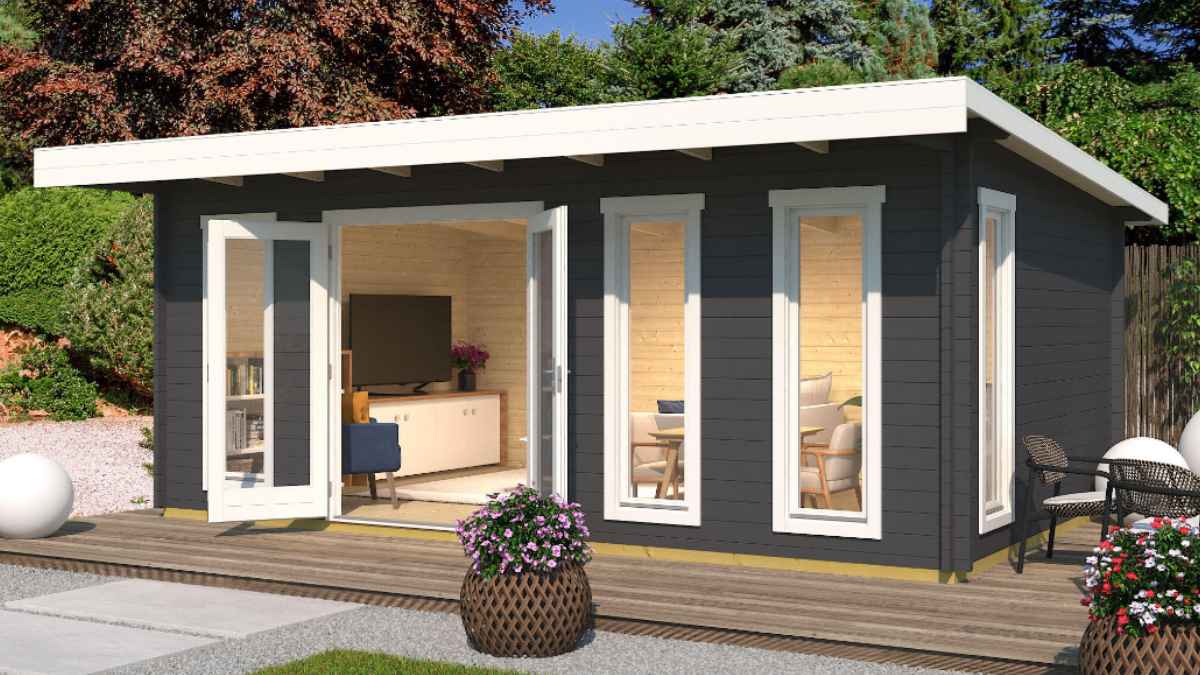 Caseta prefabricada de madera Barbados 6 en jardín, diseño moderno gris con grandes ventanales y terraza delante