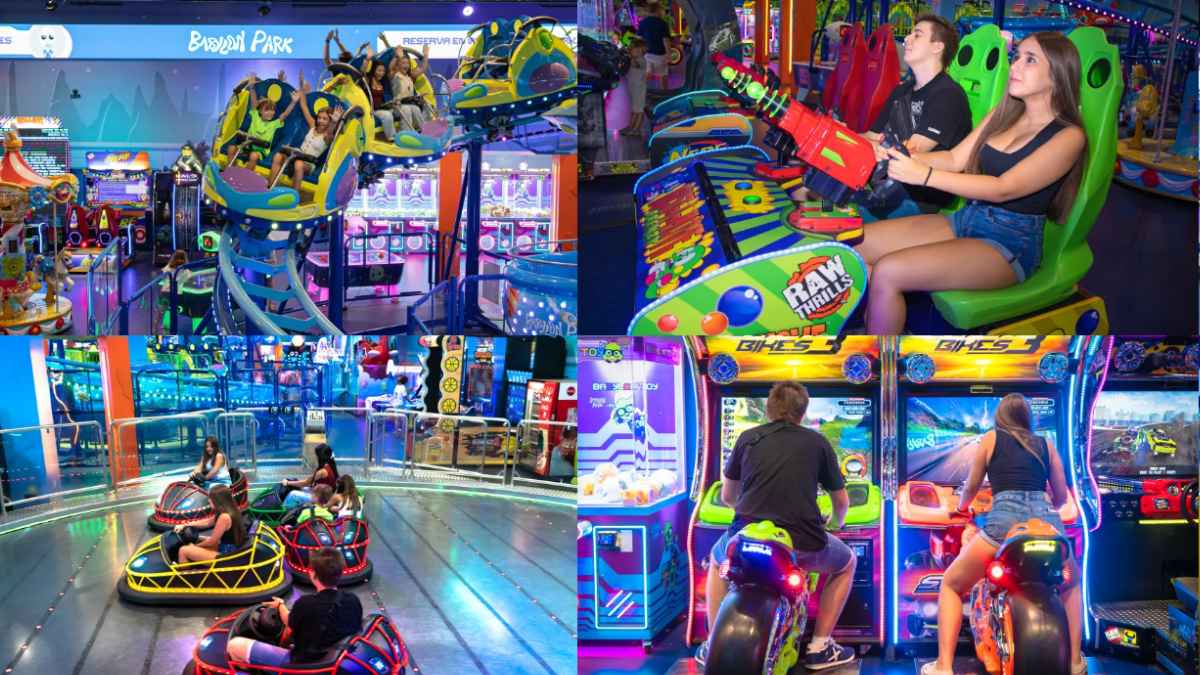 Visitantes disfrutan de montaña rusa cubierta, coches de choque y máquinas arcade en Babylon Park, parque de atracciones indoor de temática alienígena en Leganés
