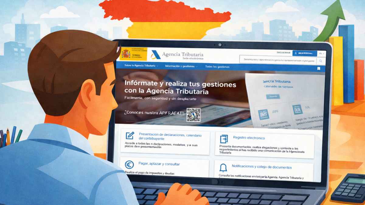 Contribuyente usando su portátil para consultar en la web de la Agencia Tributaria la nueva deducción del IRPF por la subida del SMI si gana menos de 20.000 euros