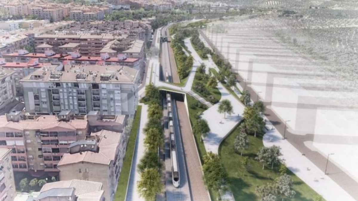 Vista aérea del nuevo barrio en Jaén con 1.150 viviendas, zonas verdes y un corredor verde junto al ferrocarril.