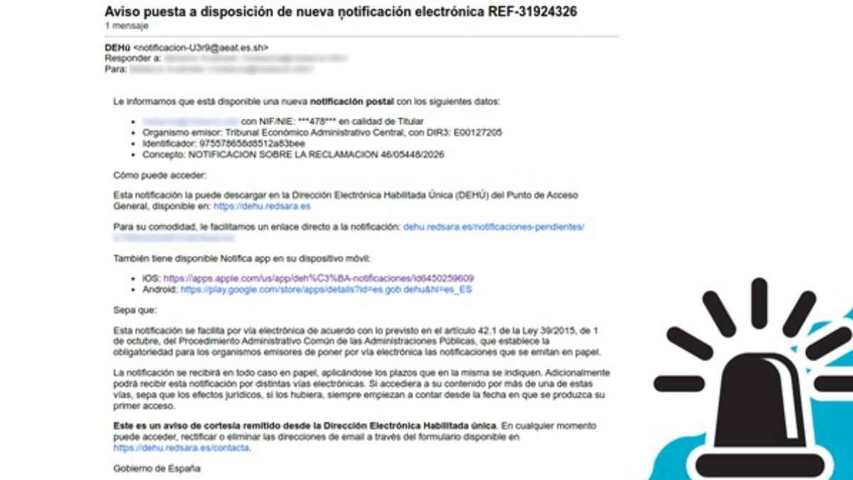 Correo fraudulento que suplanta a la Agencia Tributaria con el asunto aviso de nueva notificación electrónica y enlace a la DEHÚ