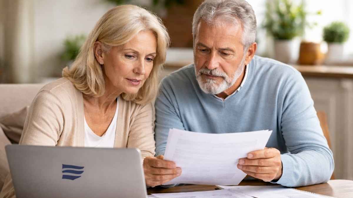 Pareja de jubilados revisando documentos de la pensión contributiva en casa frente al portátil de la Seguridad Social preocupados por los 15 años cotizados