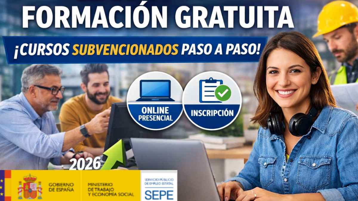 Personas formándose con el SEPE en 2026 en cursos gratuitos subvencionados, con ordenadores, inscripción online y referencia a formación presencial