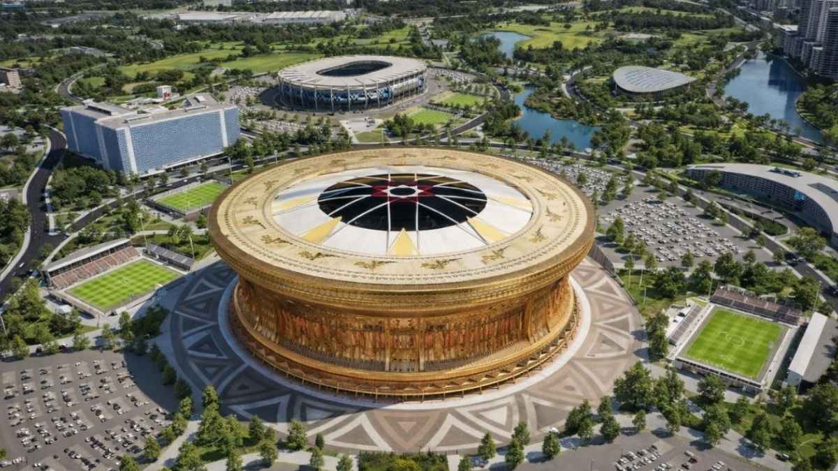 Render aéreo del estadio Trong Dong en Hanói, Vietnam, proyectado para 135.000 espectadores y con diseño inspirado en el tambor Dong Son.
