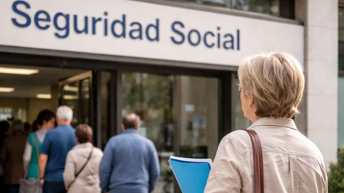 Persona mayor de 52 años ante una oficina de la Seguridad Social con cola de usuarios para trámites y prestaciones
