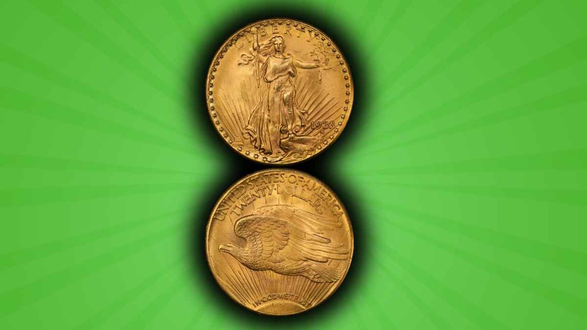 Moneda de oro Double Eagle de 1933 mostrada por ambas caras, anverso y reverso, sobre fondo verde