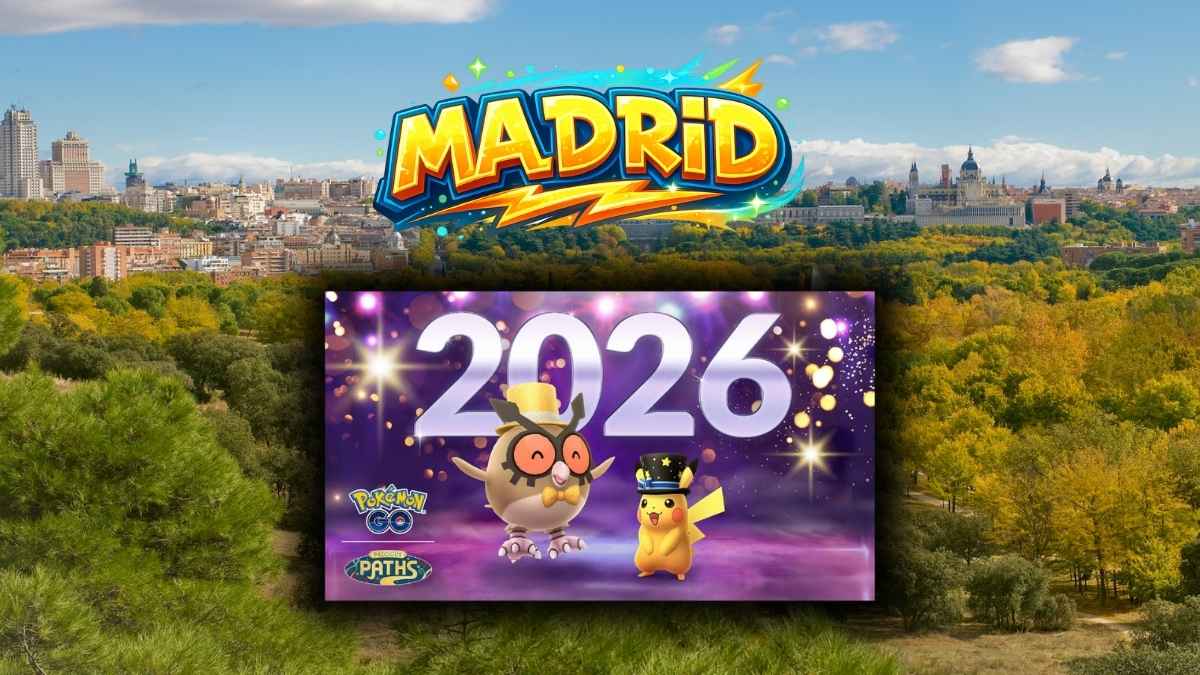 Montaje del Tour de Pokémon GO 2026 en Madrid con la Casa de Campo de fondo y el rótulo MADRID