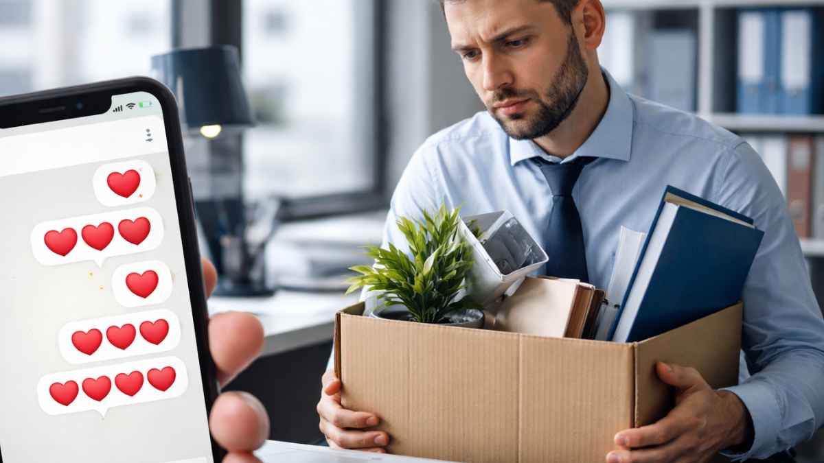 Trabajador con caja de despido en la oficina mientras un móvil muestra un chat con emoticonos de corazón, simbolizando su cese por mensajes en la empresa
