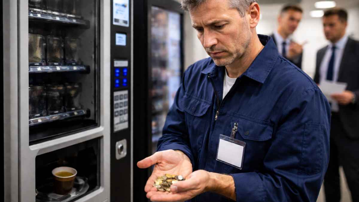 Trabajador en uniforme azul mirando unas monedas frente a una máquina de café en el trabajo, escena del despido por quedarse el cambio de 1,60 euros