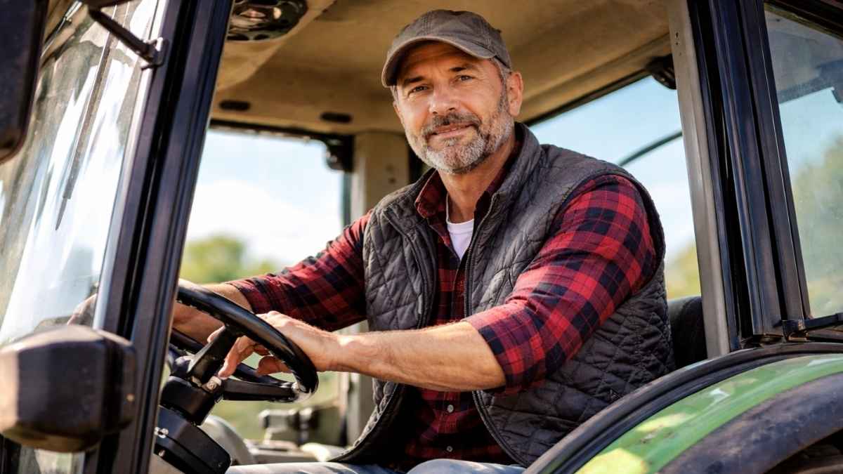 Hombre sentado al volante de un tractor en el interior de la cabina, mirando a cámara.