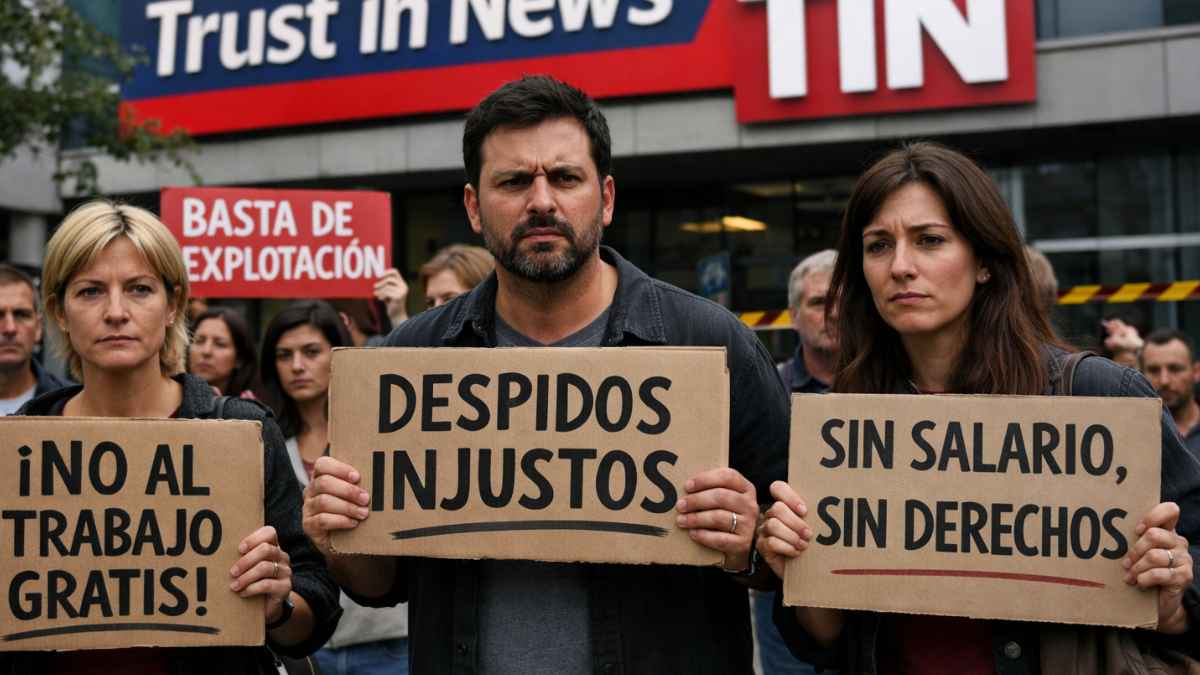Protesta ante Trust in News (TiN) por despidos masivos y propuesta de seguir trabajando sin sueldo, con carteles “No al trabajo gratis”.